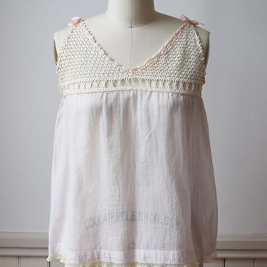 Antique Cotton and Crochet Top | 1920s/1930s Babydoll Sheer Pink and Hand Crocheted Camisole | XS/S 