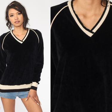 80s Velour Sweatshirt Black Sweater Slouchy Long Raglan Sleeve Ringer V Neck Pullover Shirt 1980s Sweatshirt Small Medium 