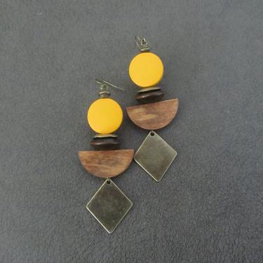 Yellow wooden earrings, Afrocentric African earrings, bold statement earrings, geometric earrings, rustic bronze earrings, mid century 
