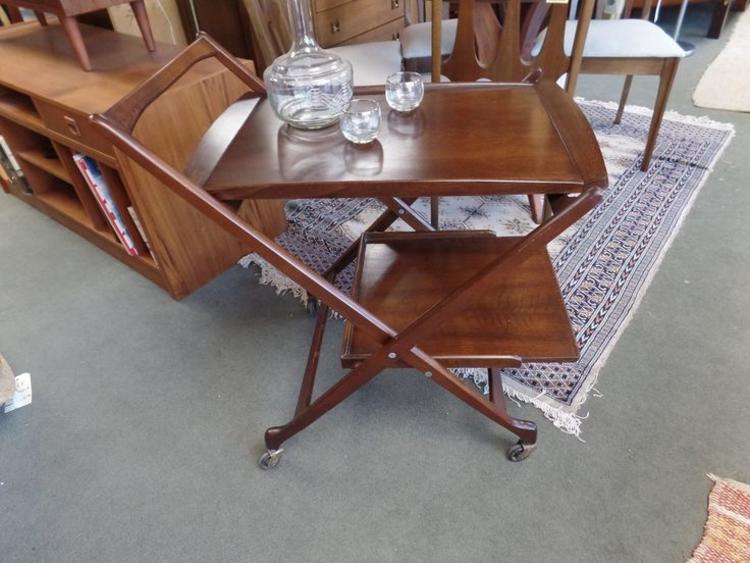 Mid-Century Modern walnut bar cart with removable tray top