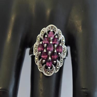 40's Art Deco sterling marcasite amethyst paste size 8.75 bling ring, 925 silver foiled glass pyrite oval cocktail ring 