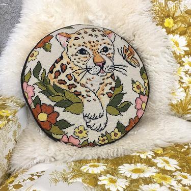Vintage Pillow Retro 1980s Bohemian + Needlepoint + Cheetah + Rounds Shape + Black Velvet + Textile + Wild Animal + Decorative + Home Decor 