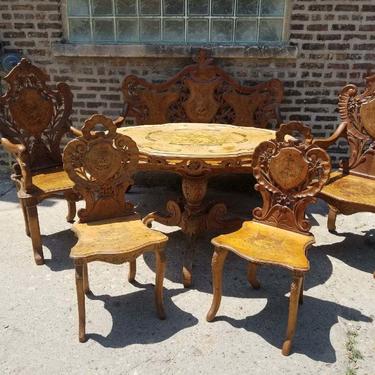 Swiss Black Forest Hand-Carved 1800s Marquetry Table , 2 arm Chairs,  2 side Chairs and Rare Handcarved Bench 6pc. Parlor Set.