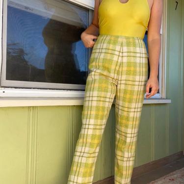 1960s 1970s Wool Lined Lemon Lime Plaid Trouser Pants 