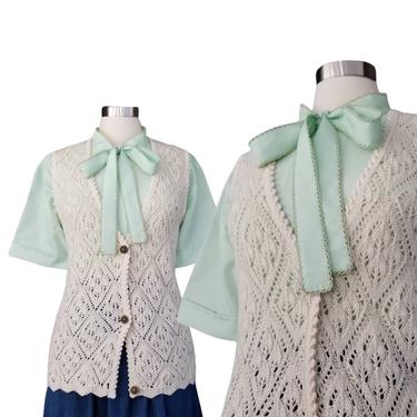 Vintage Crochet Vest, Small / Cotton Womens Knit Vest / Open Weave Sweater Vest / 1990s Boho Vest Waistcoat / Long Granny Chic Buttoned Vest 