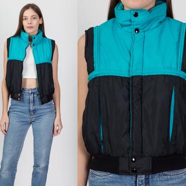 80s 90s Color Block Puffer Vest - Small | Vintage Blue Black Cropped Sleeveless Ski Jacket 