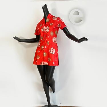 Vintage 50s 60s Paradise Hawaii Cheongsam Mini Dress • Asian Chinese Rockabilly Pin Up Bombshell Tiki Oasis Tunic Top • Red Gold Cotton 
