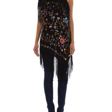 Black Rayon Hand Embroidered Asymmetrical Piano Shawl Top With Fringe 