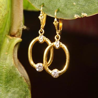 Vintage 14K Yellow Gold Diamond Drop Lever Back Earrings, .25 CT Brilliant Diamond Bezel Set On Oval Hoop, Accent White Gold Flower, 1 3/8&amp;quot;L 