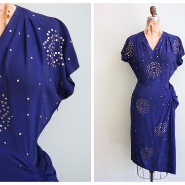 Vintage 1940's Blue and Silver Studded Crepe Dress | Size Small 