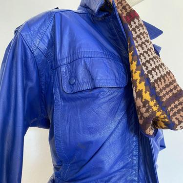 80s 90s vintage SHEPRA leather coat, cobalt blue sherpa jacket,  women's cropped leather jacket, women's motorcycle jacket size medium m 