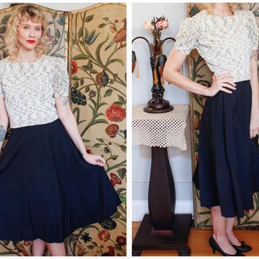 1940s Skirt // Navy Blue Linen Full Skirt // vintage 40s skirt 