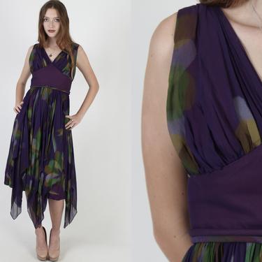 Draped Watercolor Floral Dress / Purple Silk Scarf Asymmetrical Hem / Cocktail Party Wiggle Mini Dress 