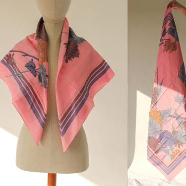 Vintage 70s 80s Pink Raw Silk Large Hand Rolled Scarf w/ Botanical Earthtone Print 100% Silk | Made in Thailand | 1970s 1980s Silk Scarf 