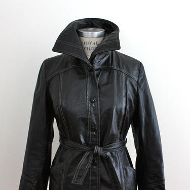 vintage 70s Black Leather Trench Coat 