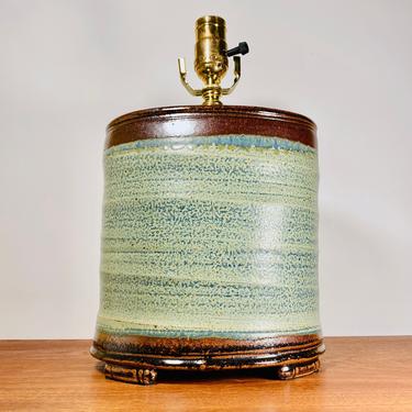 Vintage Wally Schwab table lamp / celedon and tenmoku studio pottery lighting by Oregon master potter 