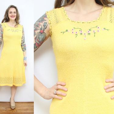 Vintage 70's Yellow Acrylic Stretchy Knit Dress / 1970's Spring Knit Dress / Rosettes / Women's Size Small - Medium 