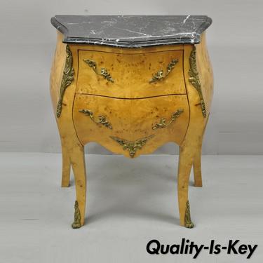 Reproduction French Louis XV Marble Top Burlwood Bombe Commode Nightstand Chest