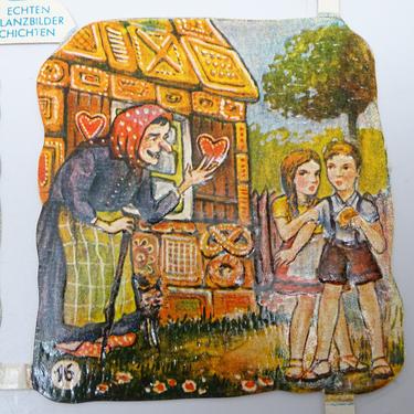12 Vintage German Embossed Die Cut Hansel &amp; Gretal Scraps, Witch in Gingerbread House, Made in Germany 