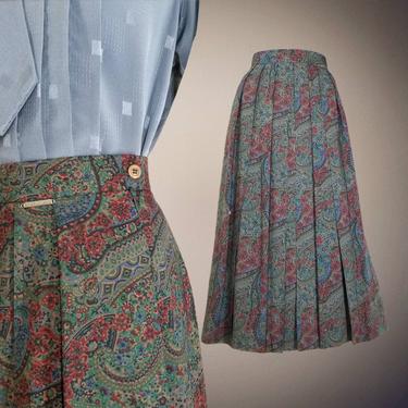 Vintage 80s Paisley Skirt, Medium / Pleated Geiger New Wool Midi Skirt / Dark Blue Straight Skirt with Pockets / Winter Officewear Skirt 