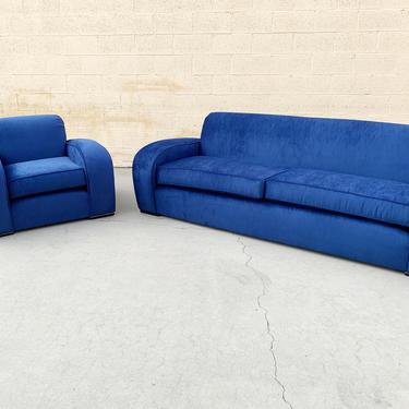 1930's French Art Deco Sofa and Chair Set, Refinished in Blue Velvet