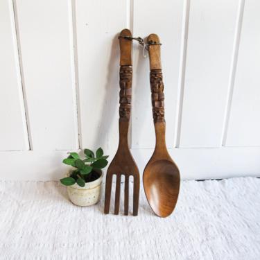 Small Solid Wood Mid-Century Hand Carved Fork and Spoon Set 