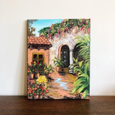 Vintage Mexican Villa con Flores Oil Painting 