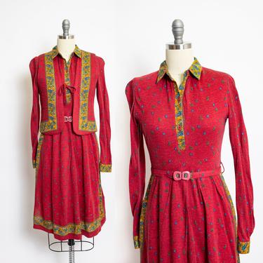 Vintage 70s Knit Dress Set - Printed Cotton Knit Armand Hallenstein Paris Shirt Front Vest 1970s - Small S 