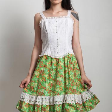 peasant dress green cotton eyelet bodice ruffled skirt hem vintage 70s SMALL S 