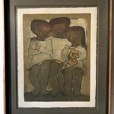 Latin American Modern Art by Angel Botello Large Linocut of Children with Dog