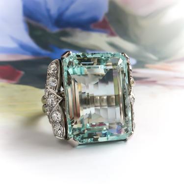 Midcentury Huge Emerald Cut Aquamarine and Diamond Bow Statement Ring Platinum 