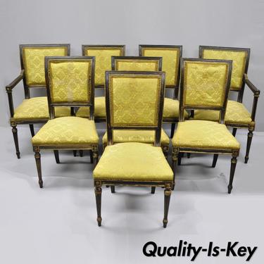 Eight French Louis XVI Regency Style Upholstered Square Back Dining Chairs