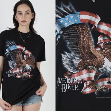 Vintage 3D Emblem American Biker Motorcycle Trucker Eagle Flag Dealer TX T Shirt 