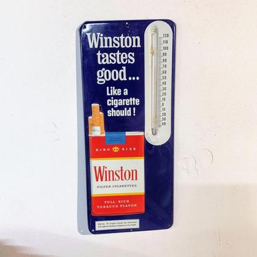 Vintage Winston Cigarette Advertising Thermometer Metal Sign “Winston Tastes Good” 