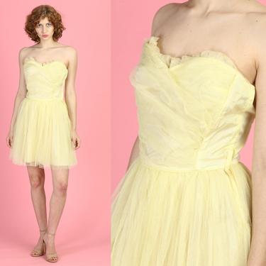 50s Yellow Mini Party Dress - Small | Vintage 1950s Costume Fit & Flare Dress 