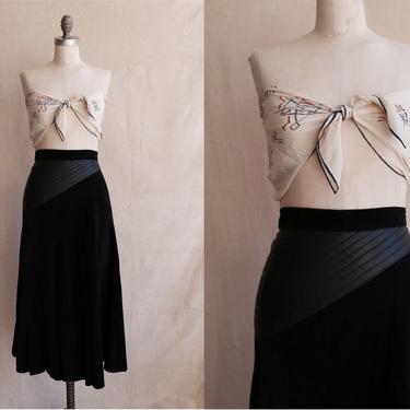 Vintage 80s Suede Midi Skirt with Quilted Leather Waist/ 1980s High Waisted Black Skirt/ Size XS 24 25 