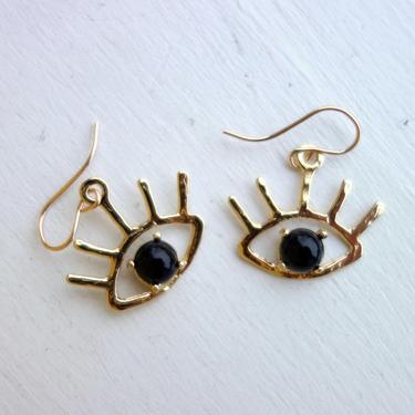 Beholder Earrings: Brass and Black Onyx Eye Dangle Earrings 