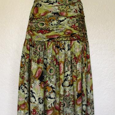 Vintage 1980s Jan Barboglio Skirt, Medium Women, multicolor print rayon, shirred 