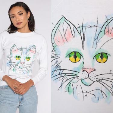 Hand Painted Cat Sweatshirt 2xs White Kitten Sweater 80s Animal Vintage Raglan Sleeve 90s Graphic Novelty Print Kawaii Extra Small xxs 