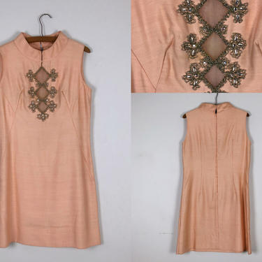 1960s Vintage Peach Beaded Cocktail Dress - Size L by HighEnergyVintage
