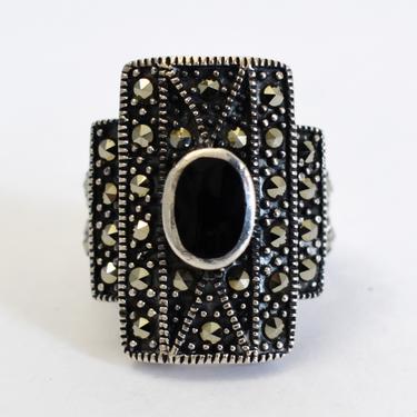 Big 80's Art Deco style sterling onyx marcasite size 7 shield ring, edgy geometric 925 silver pyrite black cab statement ring 