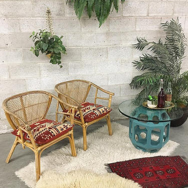 LOCAL PICKUP ONLY Vintage Bamboo Chairs Retro 1970s Tan Woven Barrel Frame Set of 2 Matching Bohemian Lounge Chairs for Indoor or Outdoor 