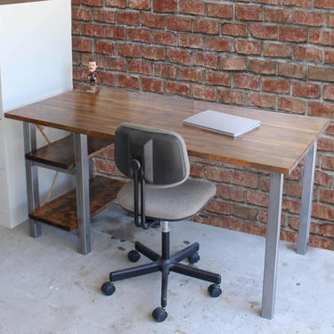Rustic Industrial Desk with Shelves &amp; Solid Wood Butcher Block Top - steel tube legs / industrial / rustic office furniture / unique desk 