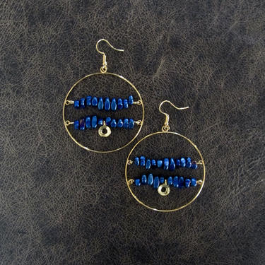 Large Hoop earrings, blue hematite statement earrings, bold earrings, huge earrings, gold hoop, geometric earrings 
