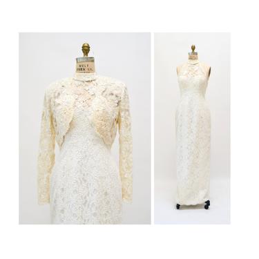 90s Vintage Off White Lace Beaded Party Wedding Gown Beaded Cream White Lace Jacket XS SMALL// Vintage Sequin Lace Wedding Dress Halter Neck 