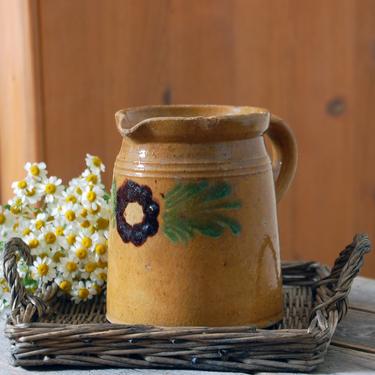 Rustic stoneware pitcher / painted floral handmade pitcher / stoneware syrup pitcher / farmhouse decor / rustic primitive kitchen pottery 