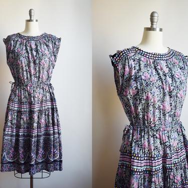 Vintage 70s/80s Printed Indian Cotton Dress | M/L | 1970s/1980s Gauze Block Print Dress w Drawstring Waist, Full Skirt, Cut-out Shoulders 