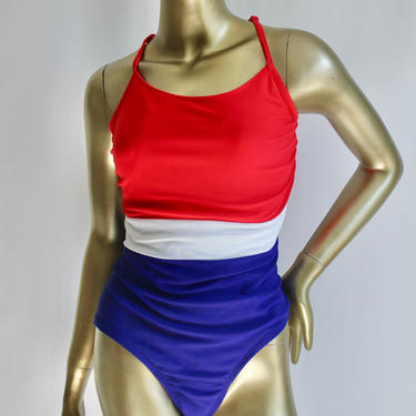 Red White and Blue One Piece Bathing Suit 1980's 