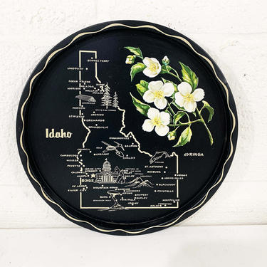 Vintage Metal Idaho Drink Tray Plate Souvenir Retro Round Mid-Century Barware Black White Green Syringa Blossoms Bar Midwest 