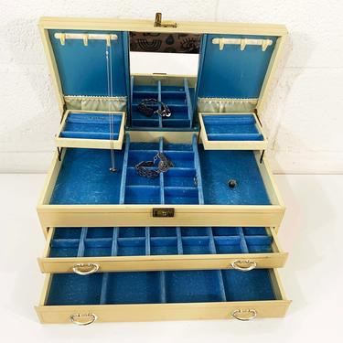 Vintage Large Jewelry Box Cream Beige Gold Ornate Case Ivory Turquoise Teal Blue Velvet Vanity Retro Storage 1950s 50s Boho Bohemian Ring 